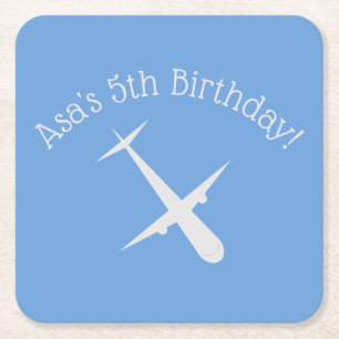 Posavasos Cuadrado De Papel Avión en azul personalizado