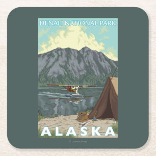 Posavasos Cuadrado De Papel Avión y pesca - parque nacional de Bush de Denali