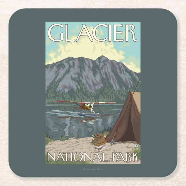 Posavasos Cuadrado De Papel Avión y pesca - Parque Nacional Glacier, TA de (Anverso)