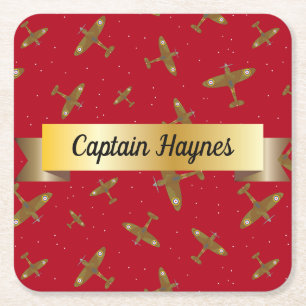 Posavasos Cuadrado De Papel Aviones Spitfire en rojo con pergamino de oro
