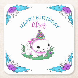 Posavasos Cuadrado De Papel Axolotl Chica de Cumpleaños Personalizado Tema