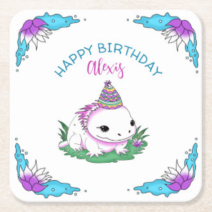 Posavasos Cuadrado De Papel Axolotl Chica de Cumpleaños Personalizado Tema