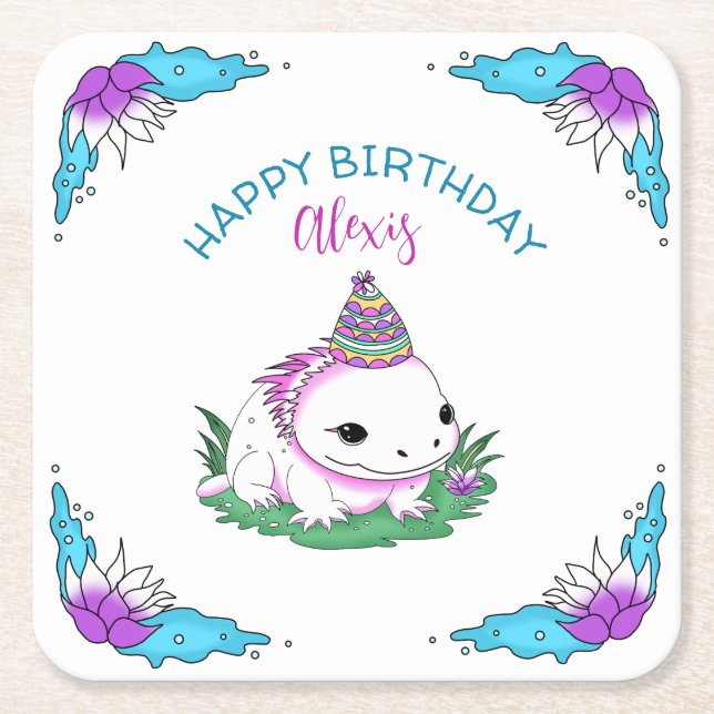 Posavasos Cuadrado De Papel Axolotl Chica de Cumpleaños Personalizado Tema (Anverso)