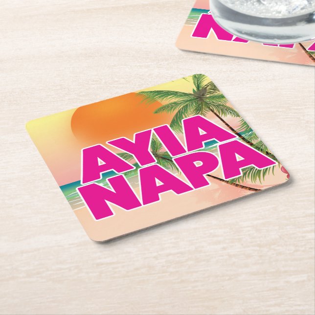 Posavasos Cuadrado De Papel Ayia Napa poster de vacaciones (En perspectiva)