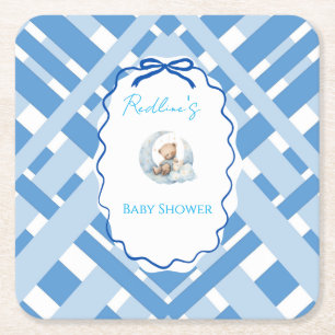 Posavasos Cuadrado De Papel Azul a cuadros niño Baby shower oso lazo Cuadrado 