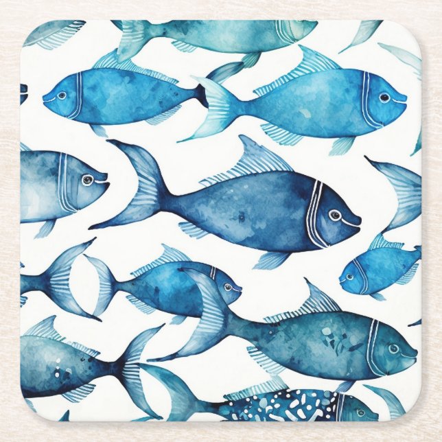 Posavasos Cuadrado De Papel Azul acuarela y peces de la marina | Bebida oceáni (Anverso)
