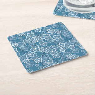 Posavasos Cuadrado De Papel azul con blanco, azul, flores, floral, rústico, fa