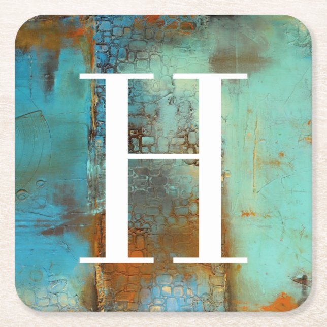 Posavasos Cuadrado De Papel Azul del monograma el | Deja (Anverso)