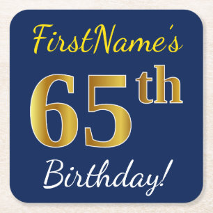 Posavasos Cuadrado De Papel Azul, Faux Gold 65 cumpleaños + Nombre personaliz