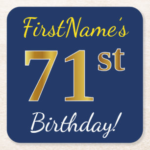 Posavasos Cuadrado De Papel Azul, Faux Gold 71st Birthday + Nombre personaliza