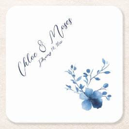 Posavasos Cuadrado De Papel Azul, flor en flor, pequeño,