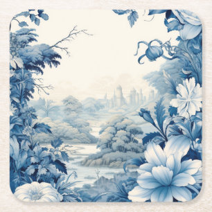 Posavasos Cuadrado De Papel Azul floral de Francia