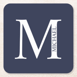 Posavasos Cuadrado De Papel Azul Marino Personalizado Monograma y Nombre