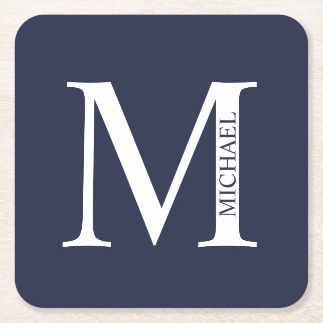 Posavasos Cuadrado De Papel Azul Marino Personalizado Monograma y Nombre (Anverso)