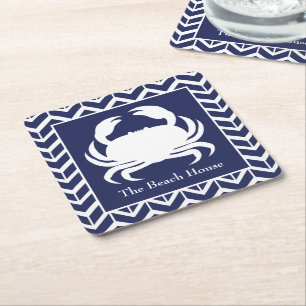 Posavasos Cuadrado De Papel Azul Marino y Cangrejo Blanco Personalizar Piscina