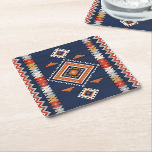 Posavasos Cuadrado De Papel Azul marino y tribal geométrico de terracota