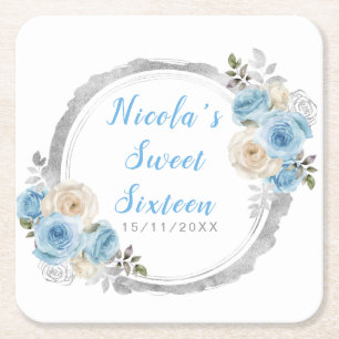 Posavasos Cuadrado De Papel Azul Polvoriento Flores Elegantes Dulces Dieciséis