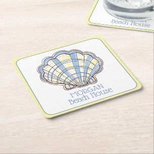 Posavasos Cuadrado De Papel Azul Preppy y Amarillo Cuadro Escallope Concha Mar