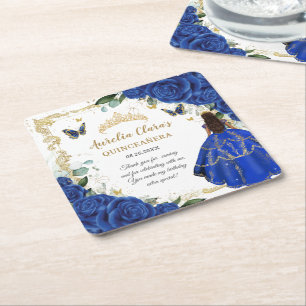 Posavasos Cuadrado De Papel Azul Real Floral Princesa Quinceañera 15 Dorado