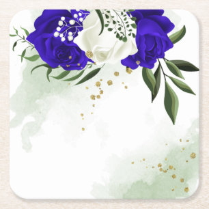 Posavasos Cuadrado De Papel azul real y flores blancas vegetación