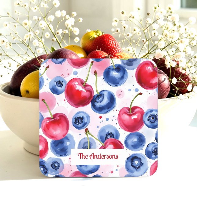Posavasos Cuadrado De Papel Azul Rojo Fruto Patrón de Comida Berry Cherry (Subido por el creador)