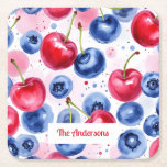 Posavasos Cuadrado De Papel Azul Rojo Fruto Patrón de Comida Berry Cherry<br><div class="desc">Blue Red Fruits Food Pattern Papel de la escayola con arándanos de color agua y patrón de cerezas,  Use esta opción de plantilla para cambiar el texto</div>