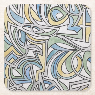 Posavasos Cuadrado De Papel Azul Verde Amarillo Celosía-Pintado a Mano Abstrac