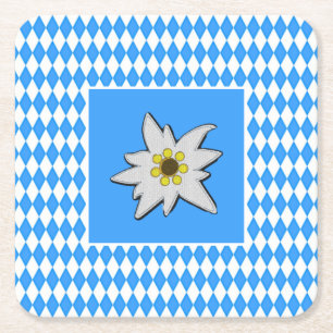 Posavasos Cuadrado De Papel Azul y blanco con Edelweiss Oktoberfest 
