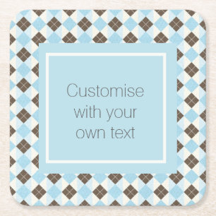 Posavasos Cuadrado De Papel Azul y marrón Patrón de Argyle con texto personali