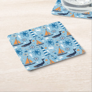 Posavasos Cuadrado De Papel Azul y naranja náuticos de océano