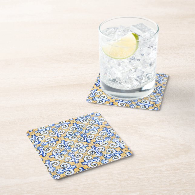 Posavasos Cuadrado De Papel Azulejo azul, amarillo y blanco (In situ)