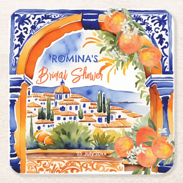 Posavasos Cuadrado De Papel azulejo azul naranja talavera azulejos ducha de no (Anverso)