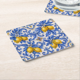 Posavasos Cuadrado De Papel Azulejo de Baldosa de Limón Azul