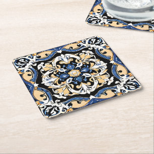 Posavasos Cuadrado De Papel Azulejo español marroquí azul amarillo blanco negr