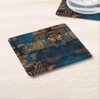 Posavasos Cuadrado De Papel Azulejo Geométrico Boho Antiguo Teal y Dorado