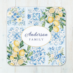 Posavasos Cuadrado De Papel Azulejo Italiano Azul Aquarela Personalizado Limón