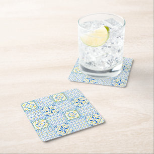 Posavasos Cuadrado De Papel Azulejo italiano mediterráneo azul y amarillo