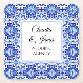 Posavasos Cuadrado De Papel Azulejo portugués mediterráneo azul acuarela
