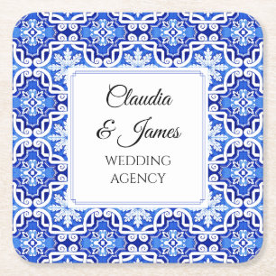 Posavasos Cuadrado De Papel Azulejo portugués mediterráneo azul acuarela