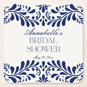 Posavasos Cuadrado De Papel Azulejo Talavera Azul Fiesta Nupcial de Despedida 