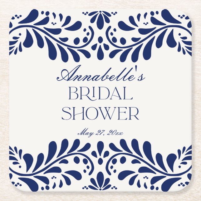 Posavasos Cuadrado De Papel Azulejo Talavera Azul Fiesta Nupcial de Despedida  (Anverso)