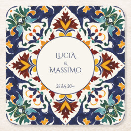 Posavasos Cuadrado De Papel Azulejo Talavera favores de boda mediterráneos azu