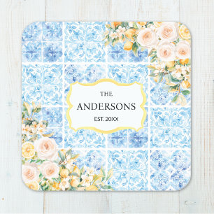 Posavasos Cuadrado De Papel Azulejos Azules Mediterráneos Flor Limón Nombre de