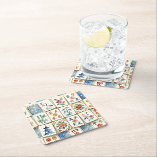 Posavasos Cuadrado De Papel Azulejos de Chinoiserie Mahjong Flores Acuarela Pá
