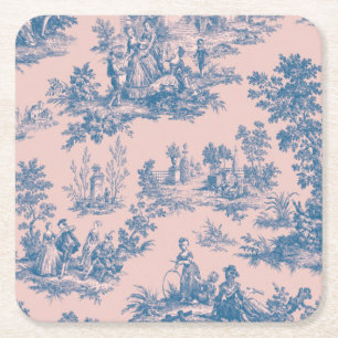 Posavasos Cuadrado De Papel Azulejos de jouy azul y rosa elegante