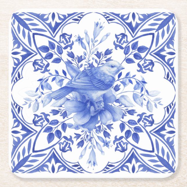 Posavasos Cuadrado De Papel Azulejos florales azules y blancos con pájaro (Anverso)