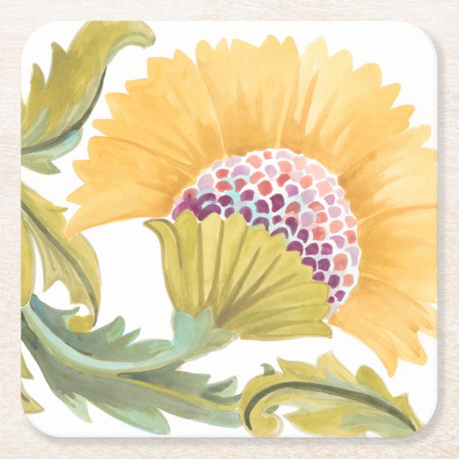 Posavasos Cuadrado De Papel Azulejos florales de abadía - Amarillo (Anverso)