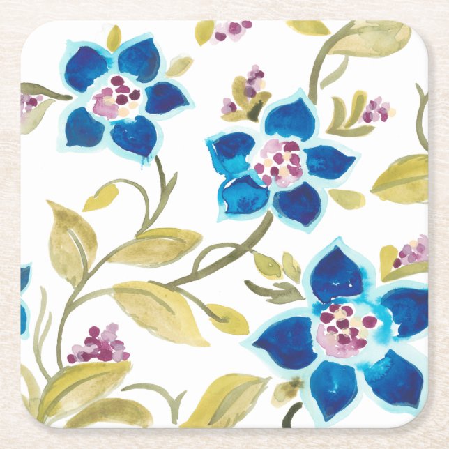 Posavasos Cuadrado De Papel Azulejos florales de abadía - Flores azules (Anverso)