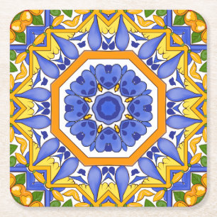 Posavasos Cuadrado De Papel azulejos mediterráneos,mayólica,siciliano,