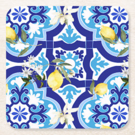 Posavasos Cuadrado De Papel azulejos mediterráneos, mosaicos, limón,